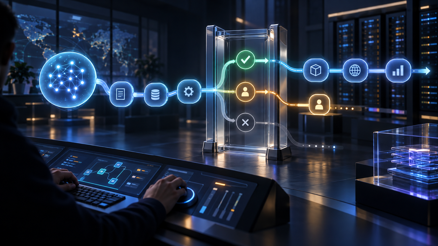 A managed AI workflow passes through approve, deny, and human-review routes while an operator supervises it from a live terminal.