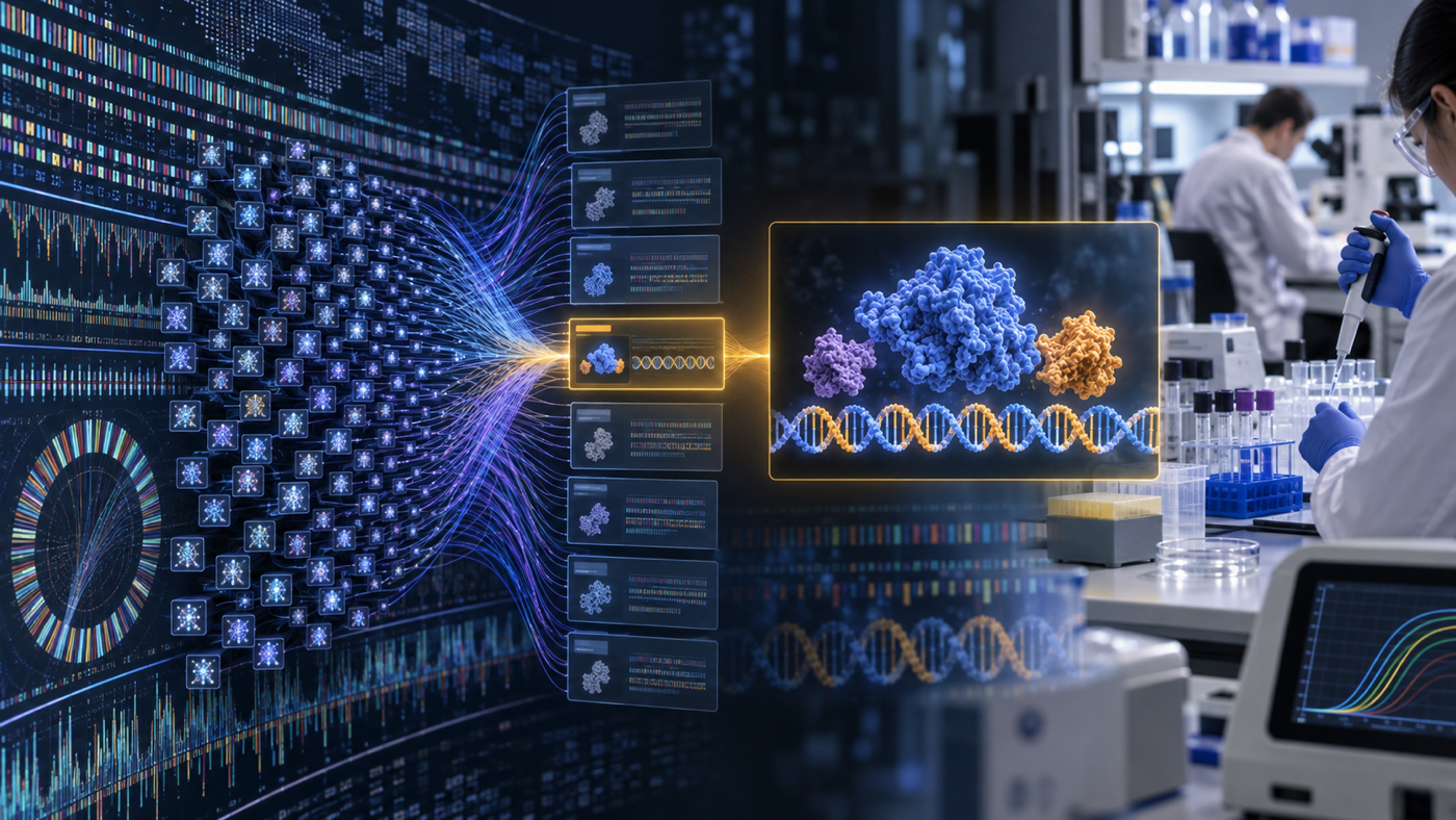 Hundreds of AI research agents narrow genomic sequences into evidence reports and one candidate enzyme system before human laboratory verification.