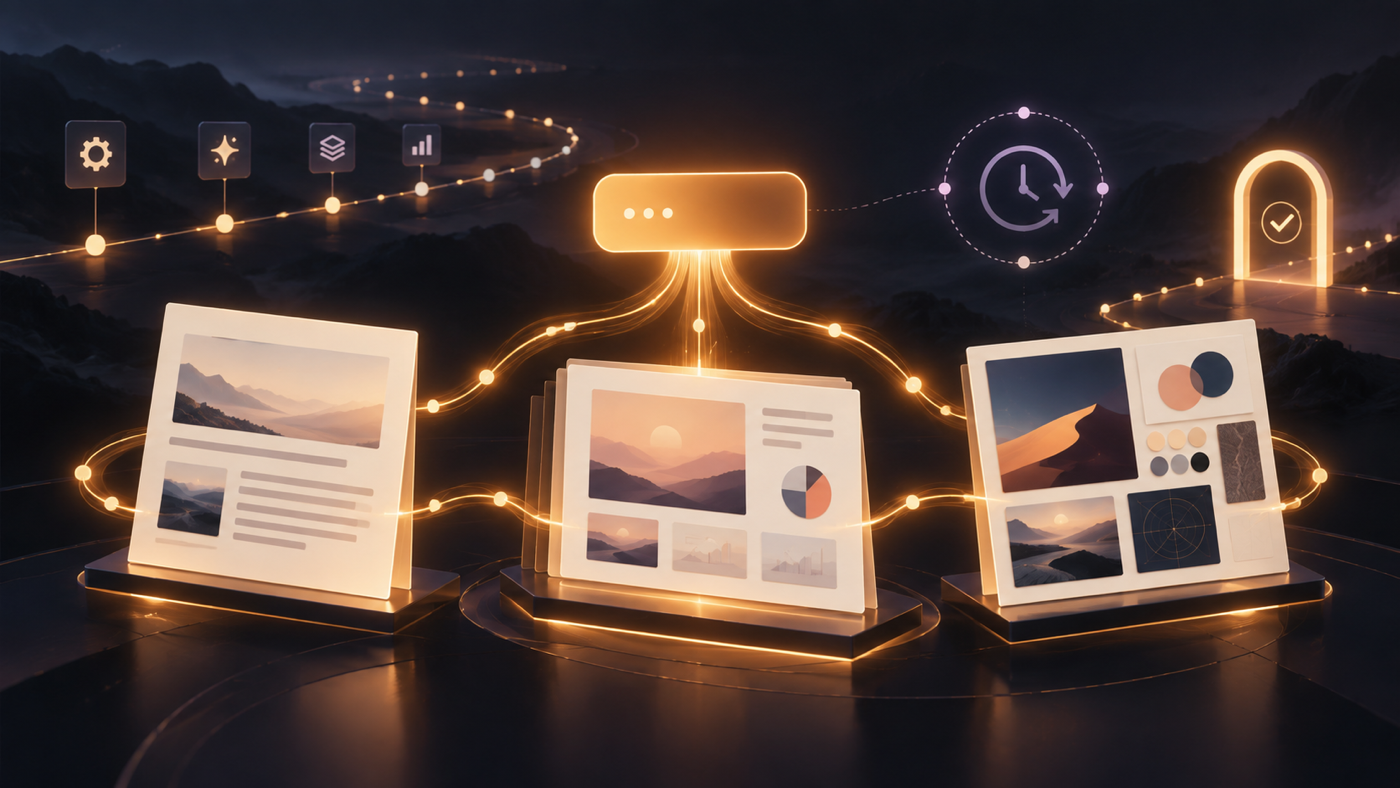 One conversation branches into connected document, presentation, and design workspaces with scheduling and approval controls.