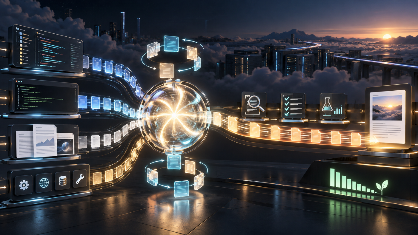 An abstract AI core reuses context while an overnight workflow moves through code, terminal execution, research, tools, checks, and a completed result.