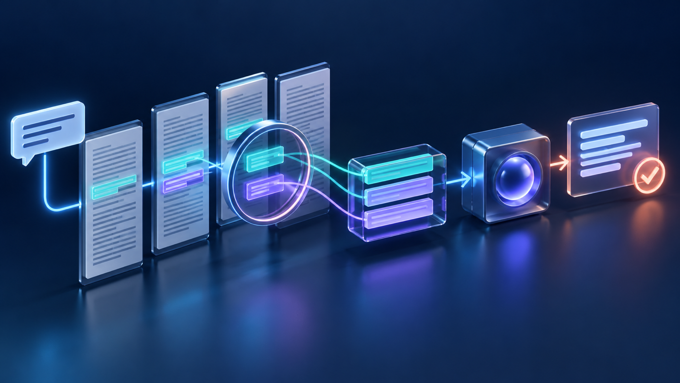 A query guides highlighted passages from intact documents through a relevance lens into a compact context tray, model core and verified support answer.