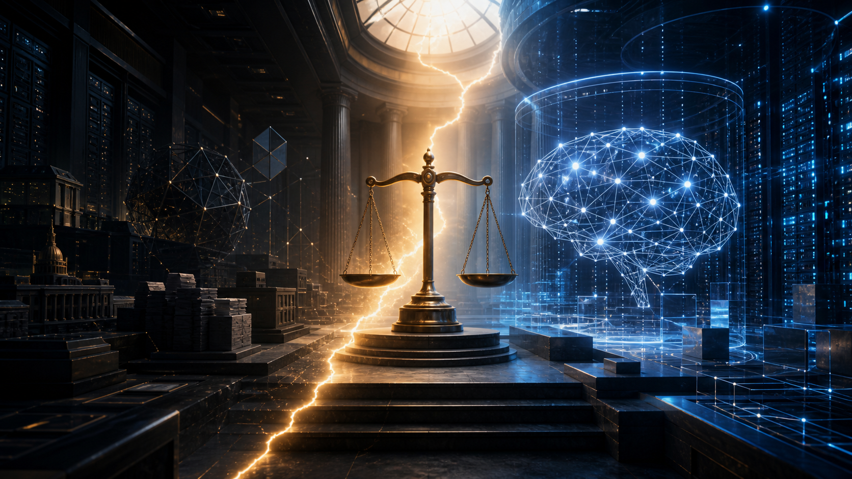 A modern courthouse and scales of justice form a bright boundary between government infrastructure and an abstract AI system.