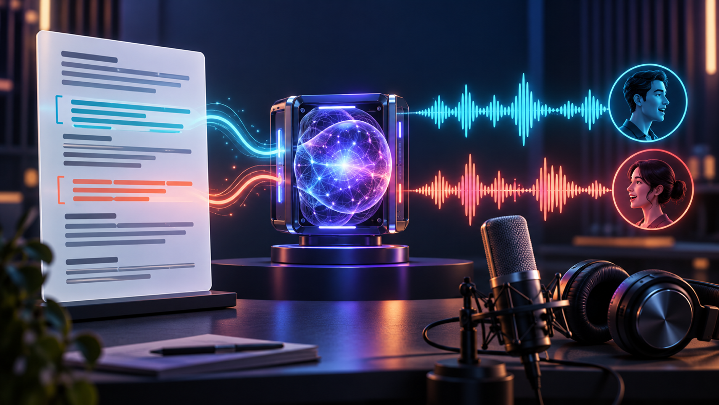 A script with bracket-shaped delivery directions flows into a speech core and two expressive speaker waveforms beside a studio microphone and headphones.