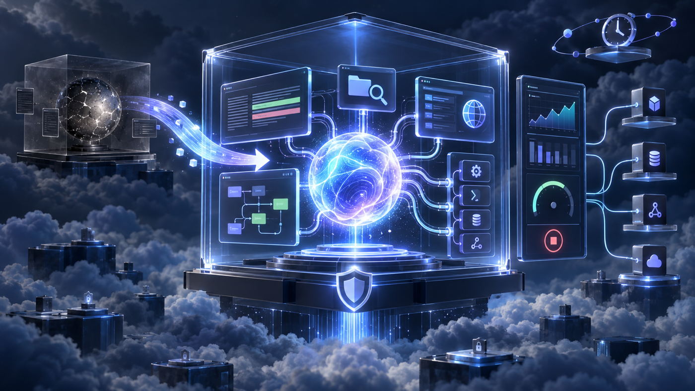 A luminous managed AI agent operates inside a secure cloud sandbox connected to code, files, web search, monitoring, and scheduled tools.