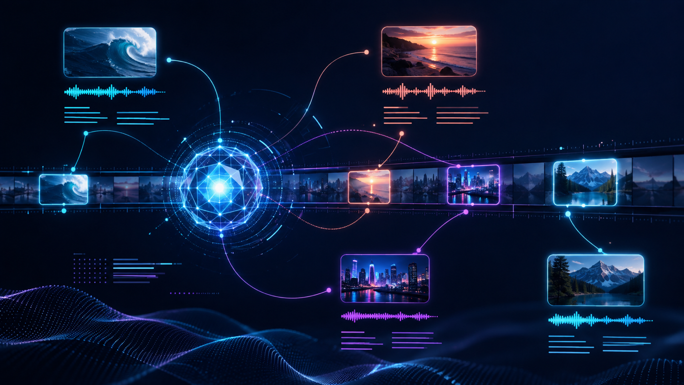 An AI core selectively explores highlighted moments across a long video timeline, audio waveforms, and transcript signals.