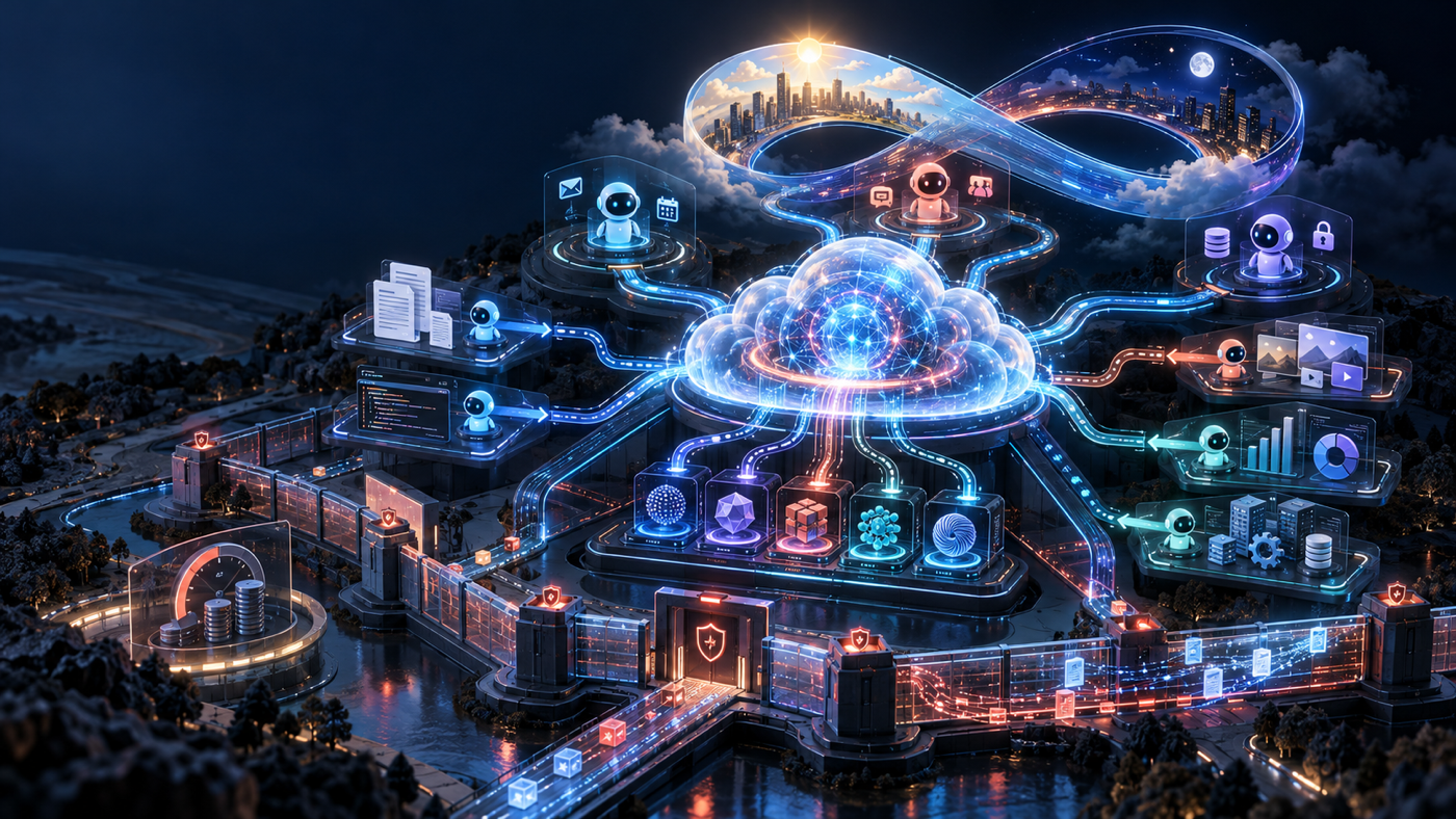 A persistent cloud intelligence coordinates specialist agents, secure coworker identities, multiple model cores, and governed business workflows across day and night.