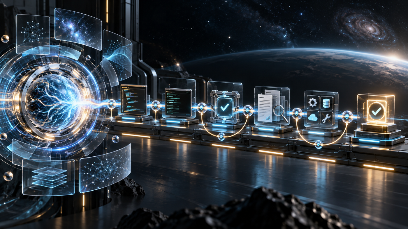 A luminous AI model core sends one continuous workflow through code, terminal, testing, document analysis, tools, and a verified result.