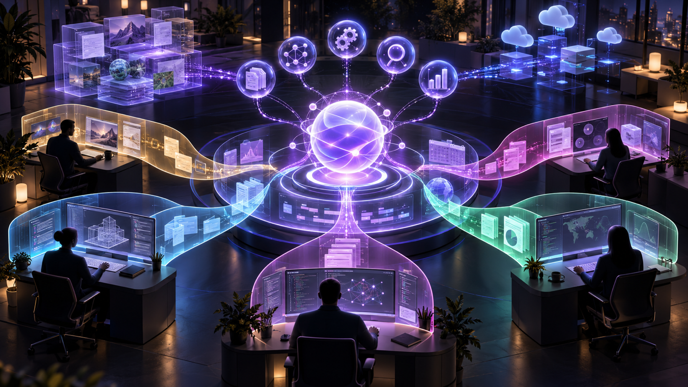 A luminous shared AI coordinator connects five team workstations, cloud tools, specialist agents, and distinct private work channels.