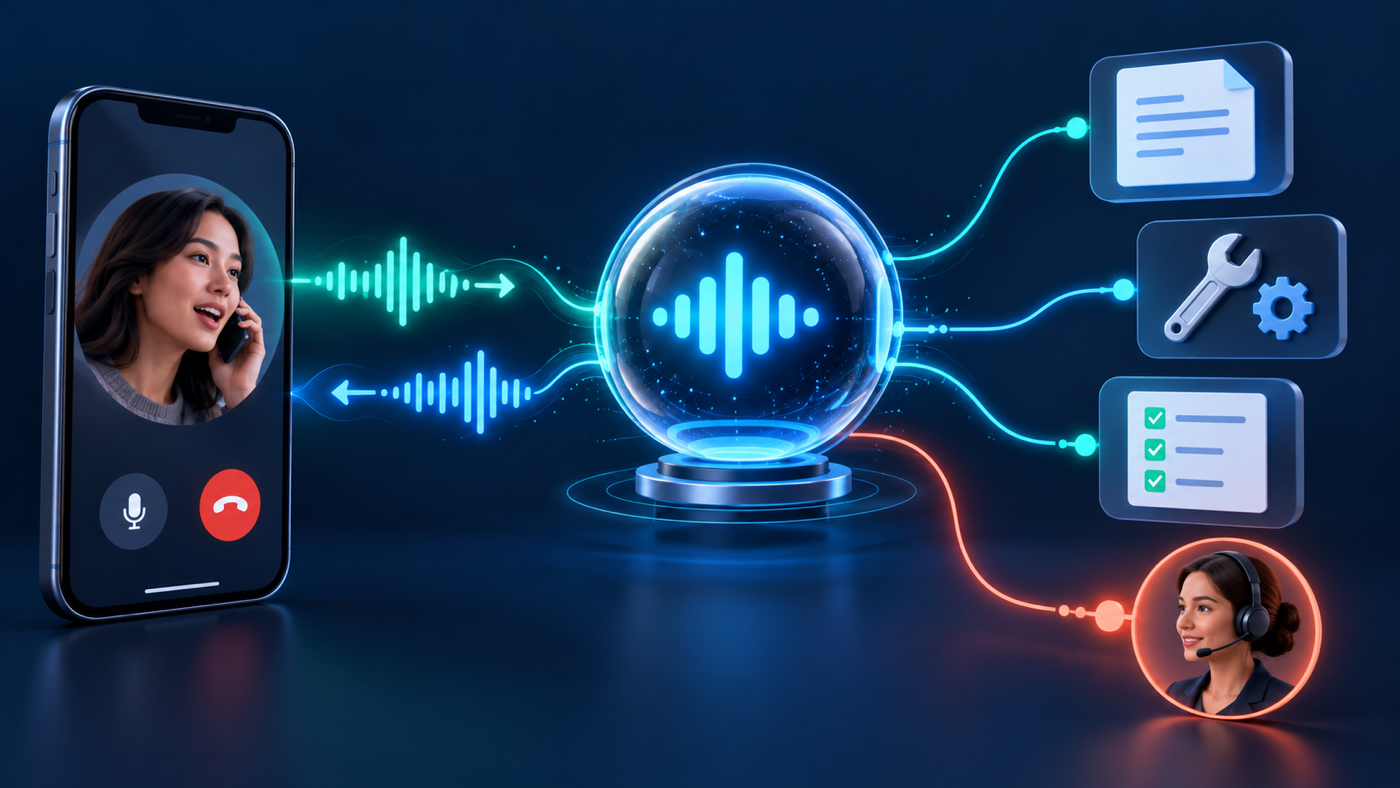 A phone exchanges bidirectional audio with a voice-agent core connected to help content, task tools, a completed checklist, and a human-support handoff.