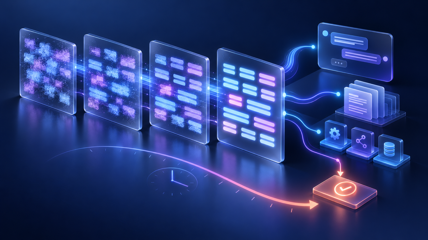 Several text-tile panels refine in parallel before connecting to support chat, documentation, tools, and a task-completion check alongside a timing arc.