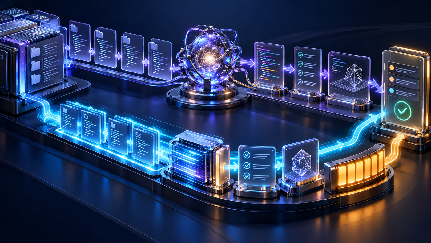 A reasoning core connects repository files, code changes, tests and a review gate, while a faster parallel route uses a larger abstract resource meter.