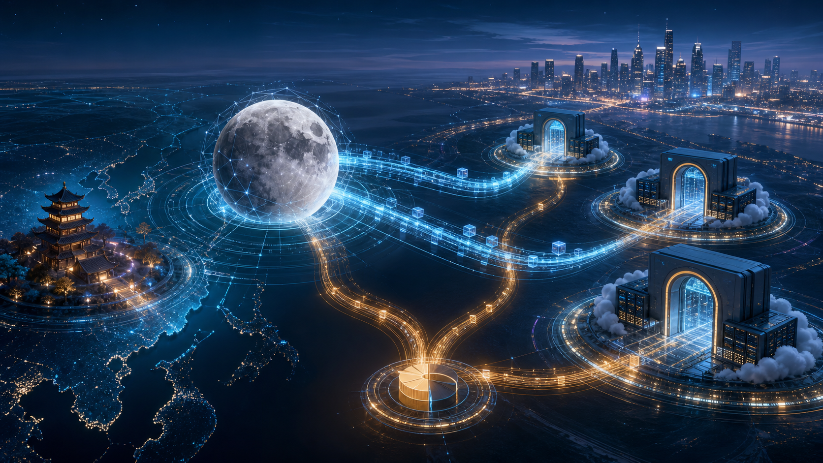 A moon-like AI core sends data streams toward three cloud-computing gateways across a global technology network.