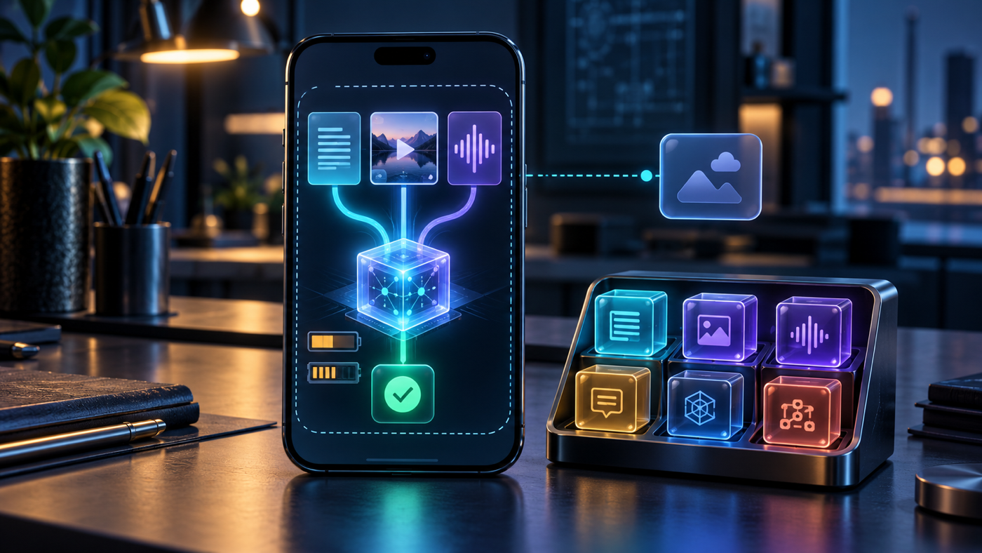Specialized model modules connect text, visual and audio inputs to a compact phone inference core and one app action, with resource meters and an external-tool path.