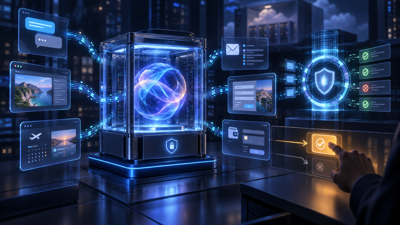 A secure cloud AI coordinates messages, email, travel, forms, and payments through policy checks and a human approval gate.