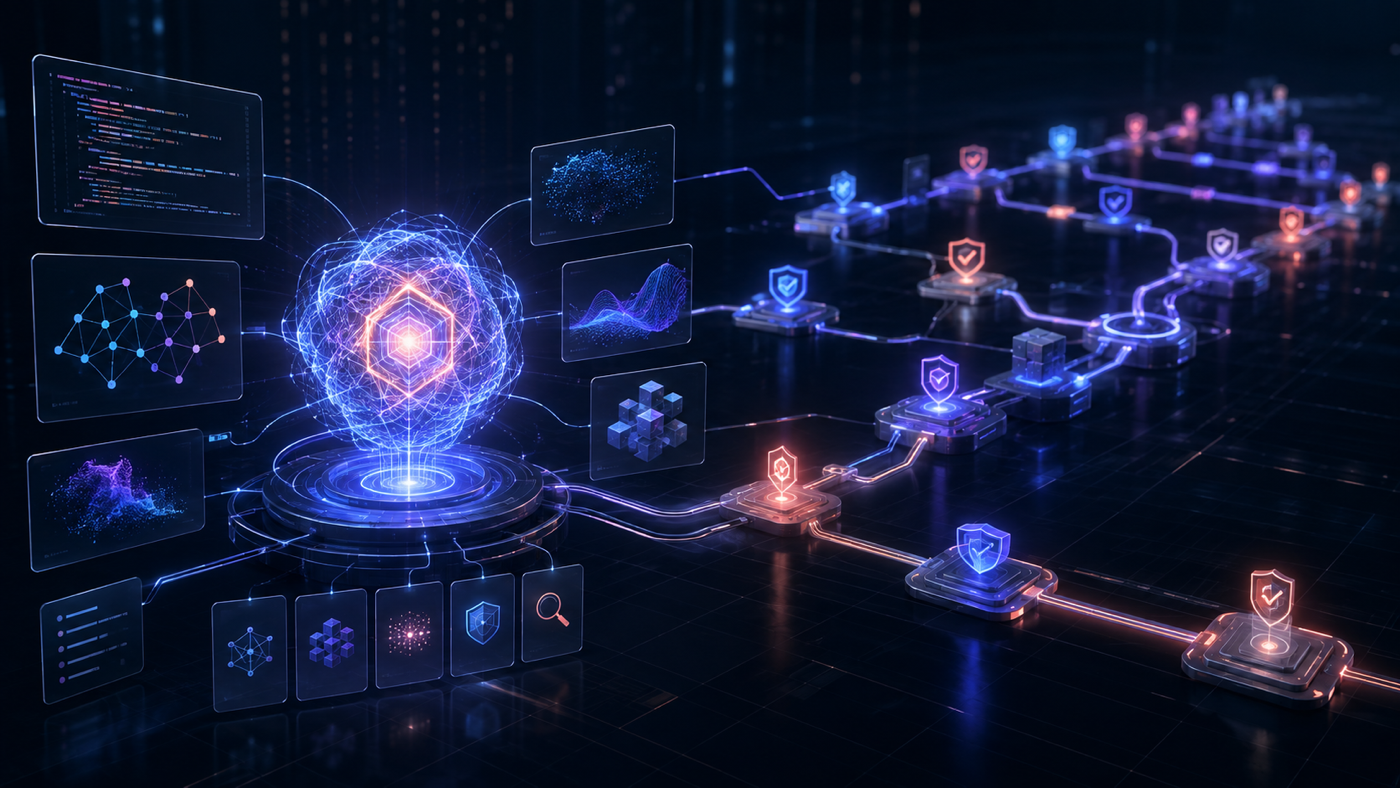 A luminous AI core coordinates coding, research, and tool workflows through a long sequence of guarded checkpoints.
