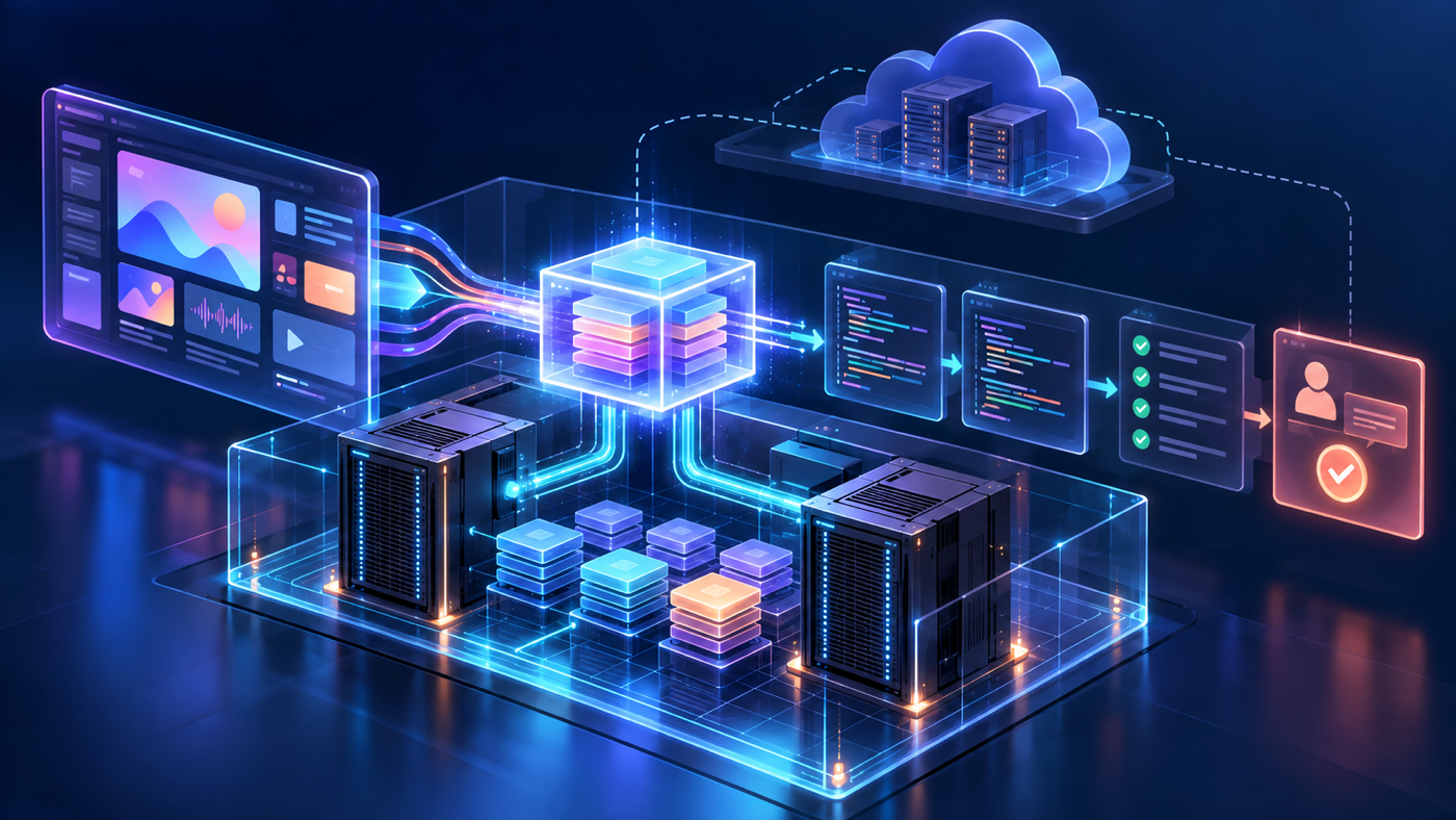 A downloadable model connects paired desktop compute nodes to an app screenshot, code changes, test checks, and human review inside an infrastructure boundary.