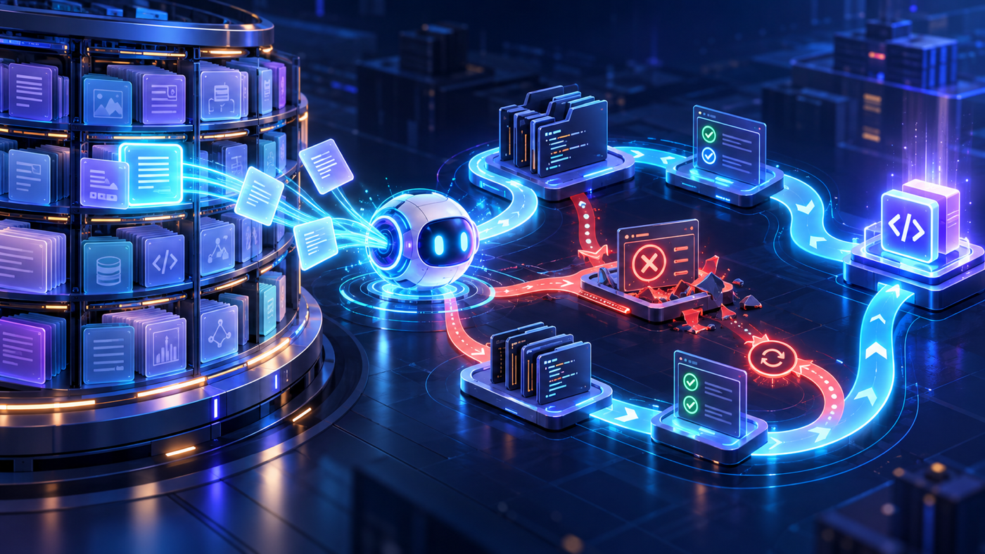 A persistent AI core retrieves relevant context from a memory archive and follows a software workflow through tests, a failed branch, and a recovery path.