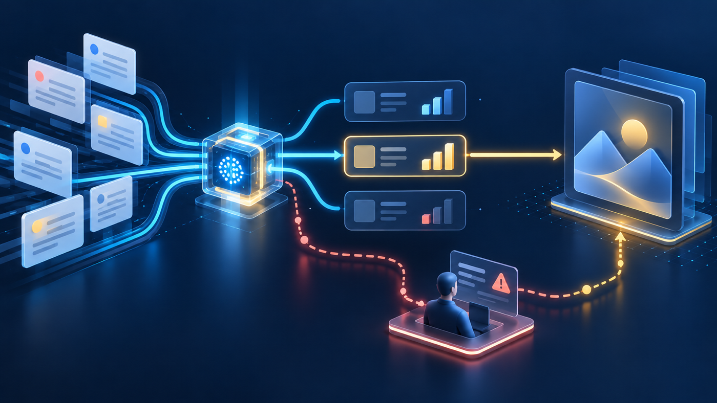 A compact decision core scores bounded options, selects a route for generative work, and sends an uncertain branch to a human-review checkpoint.