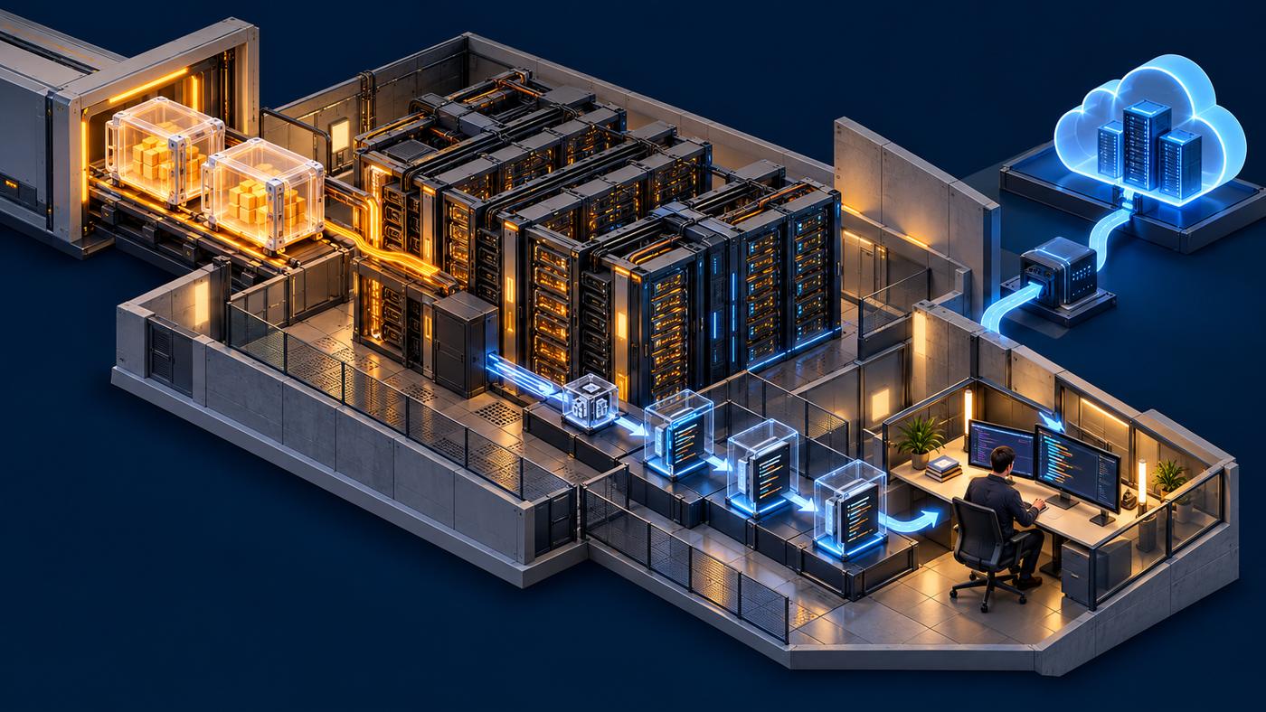 Model-weight cartridges enter a large GPU server island, where a local repository patch passes through tests and human review beside a separate hosted API route.