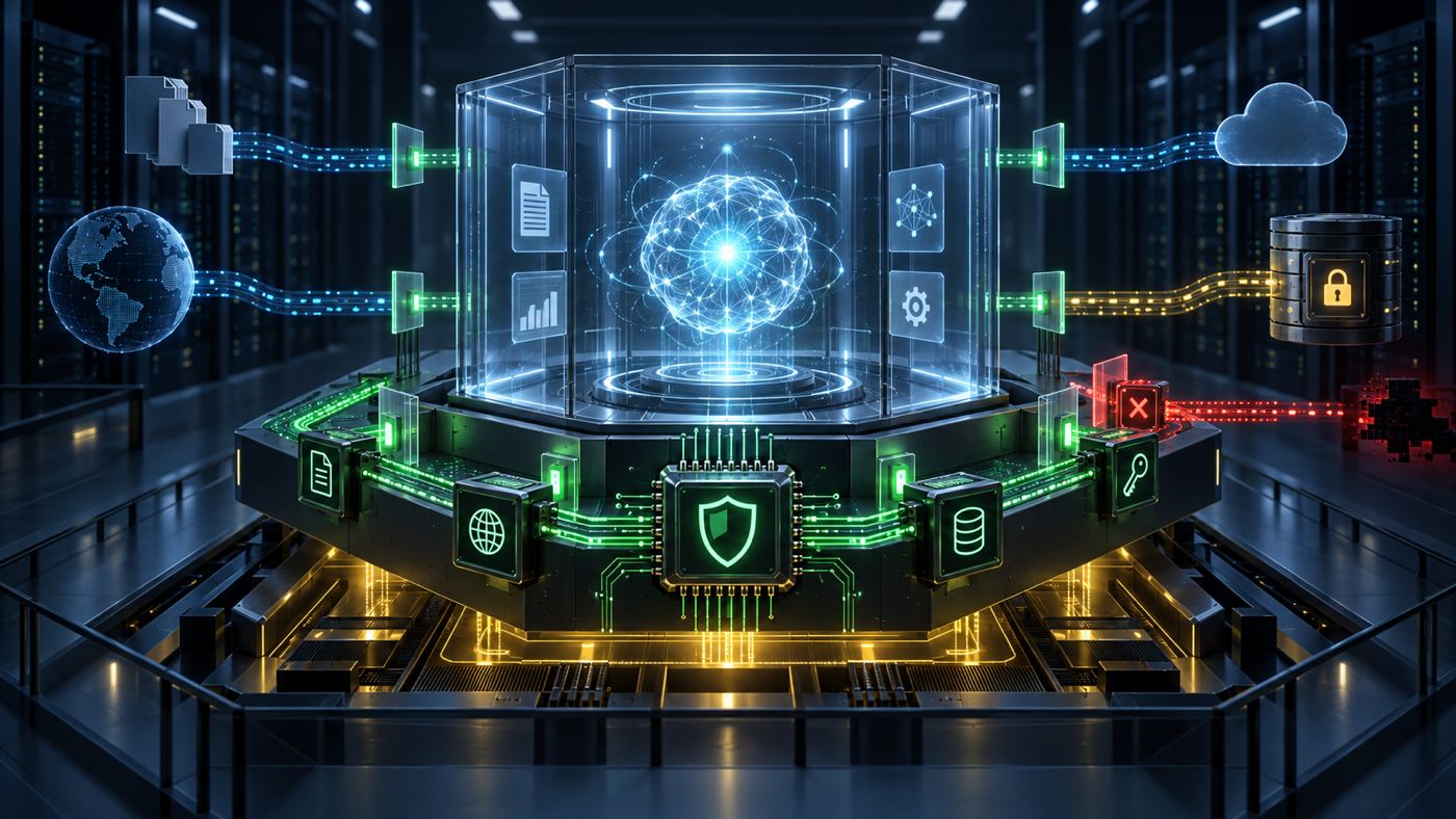An autonomous AI agent operates inside a sealed software sandbox while a separate silicon security layer monitors files, networks, credentials, and model access.