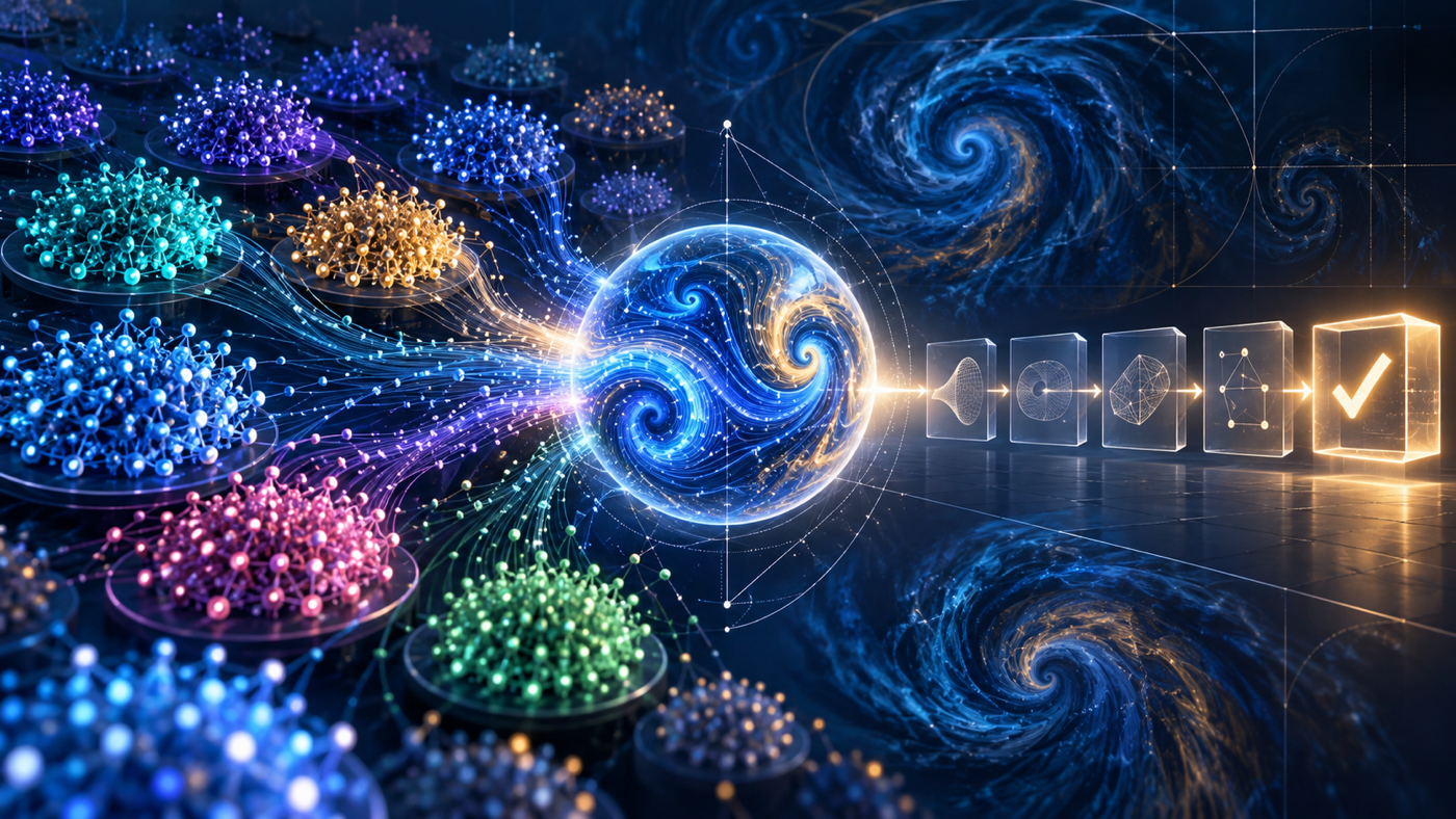 Thousands of luminous AI agent clusters exchange ideas and converge on a fluid-dynamics proof that passes through formal verification.