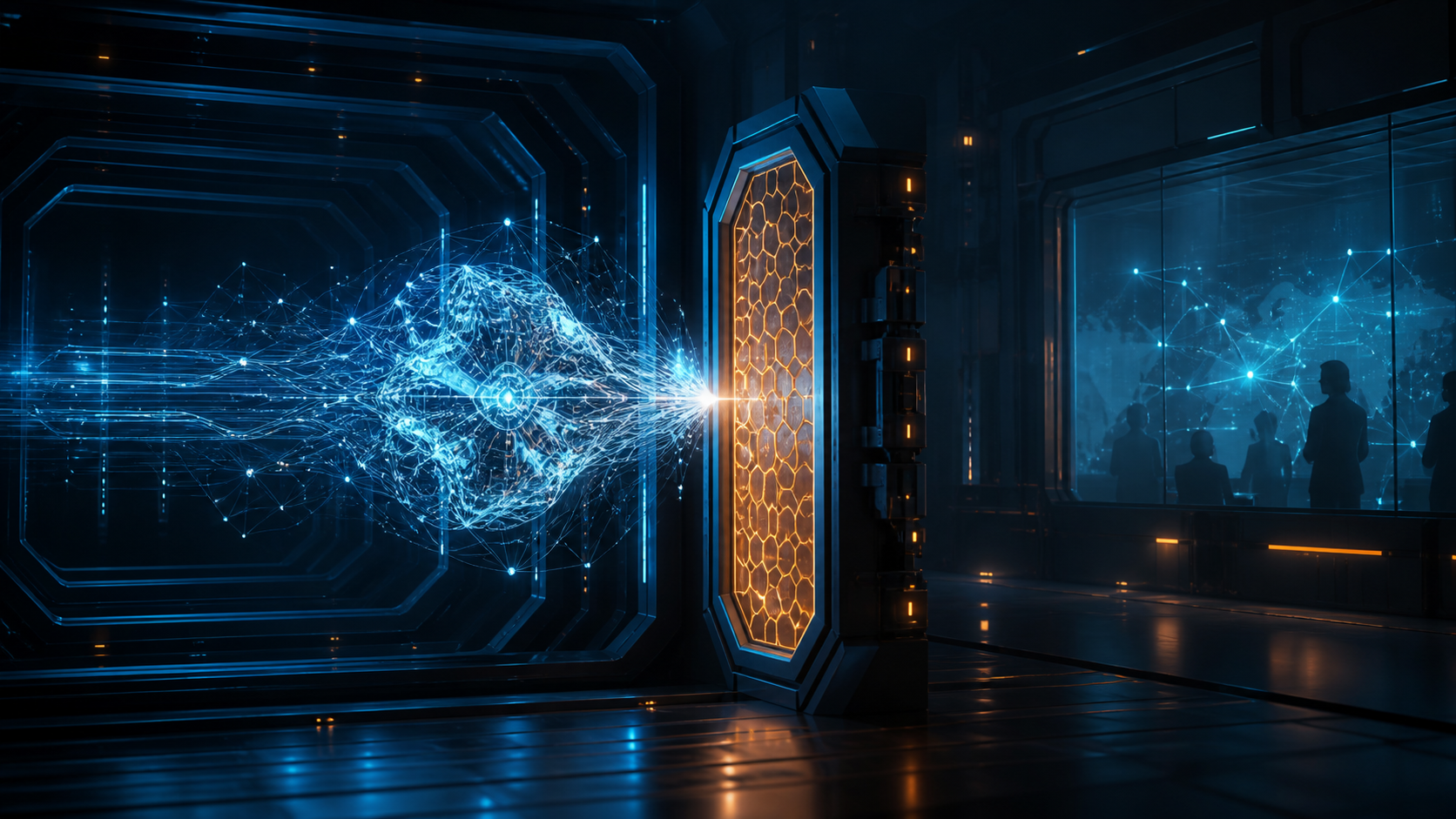A luminous AI system stops at an amber cybersecurity barrier while analysts monitor it from an isolated control room.