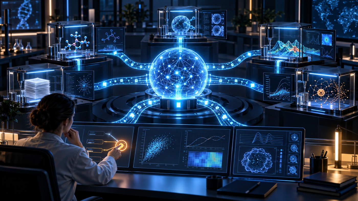 A human researcher steers a luminous AI system running several scientific and computational experiments in parallel.
