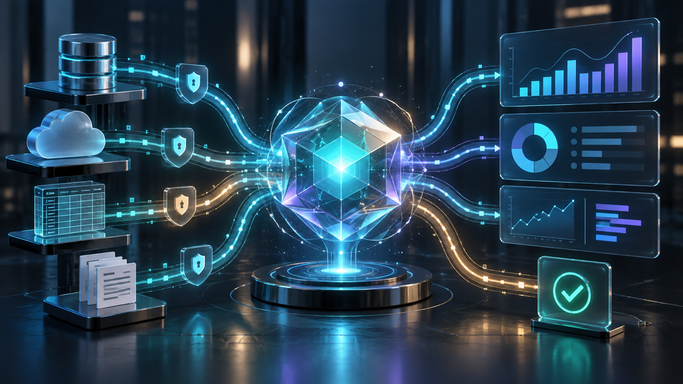 A governed AI data agent connects databases, cloud systems, documents, and permissions to interactive dashboards and approved action.