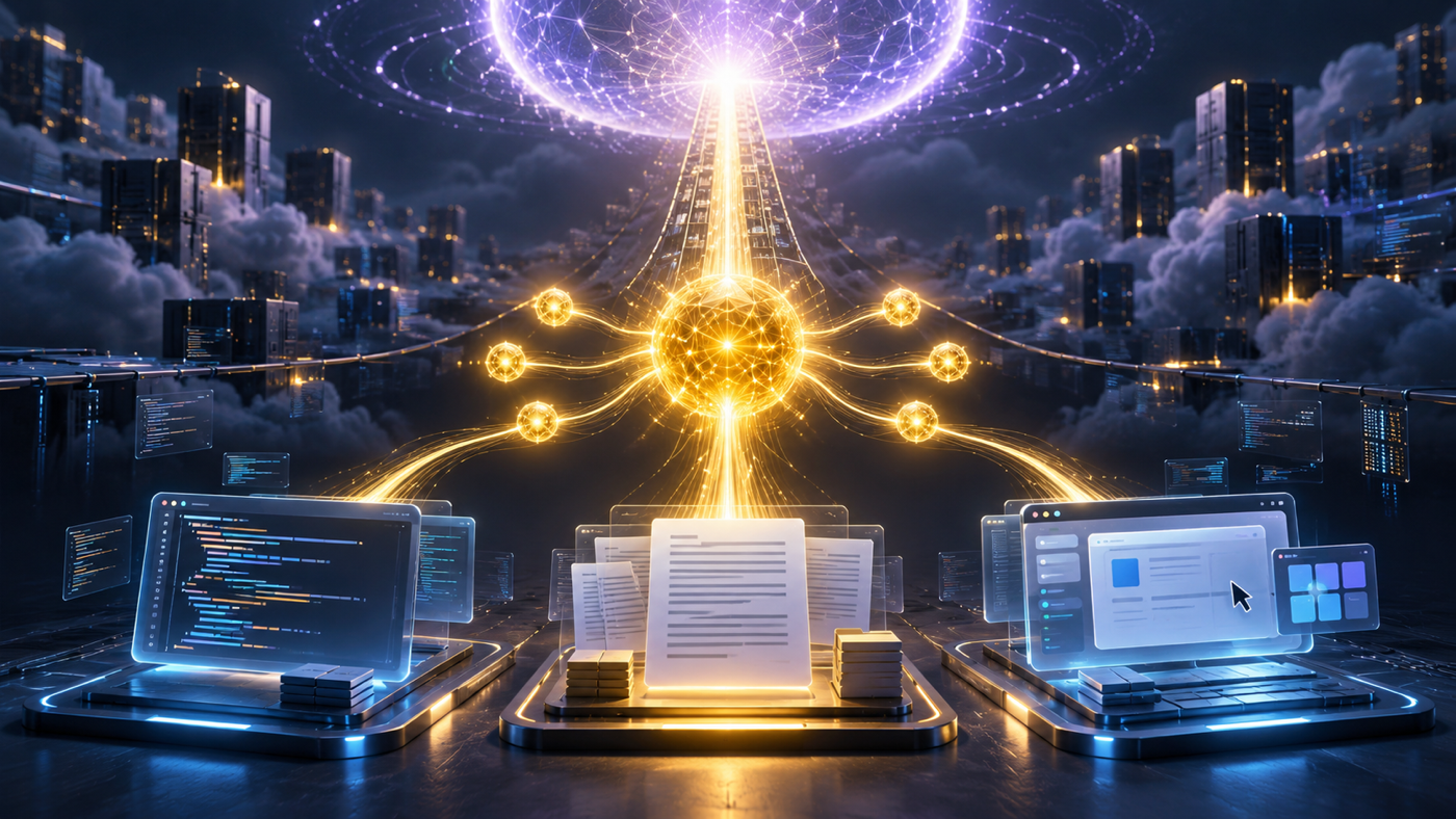 A solar-gold AI core coordinates code, documents, computer interfaces, and parallel subagents while approaching a larger frontier intelligence halo through an efficient processing channel.