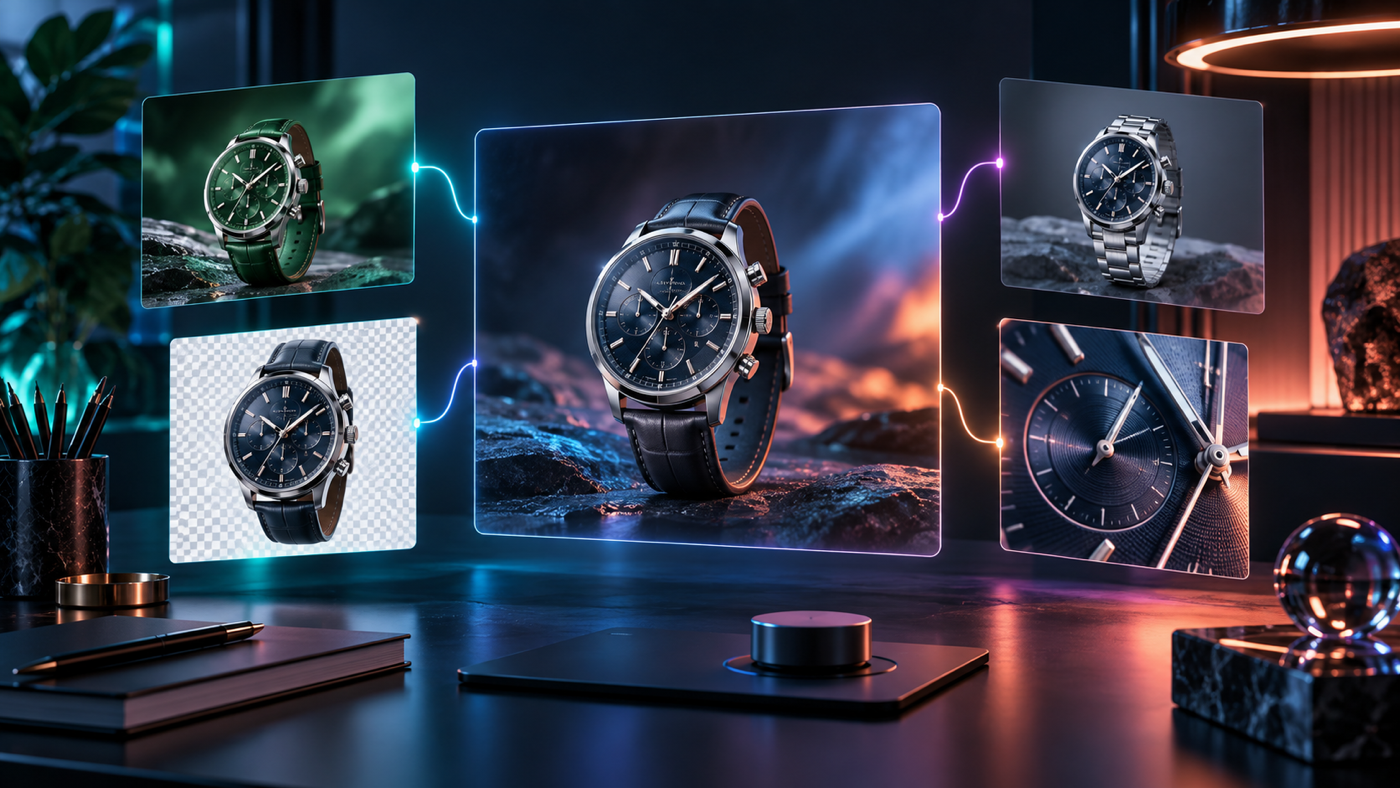 A visual editing workspace preserves a product subject while refining its lighting, background, layout, and campaign variations.
