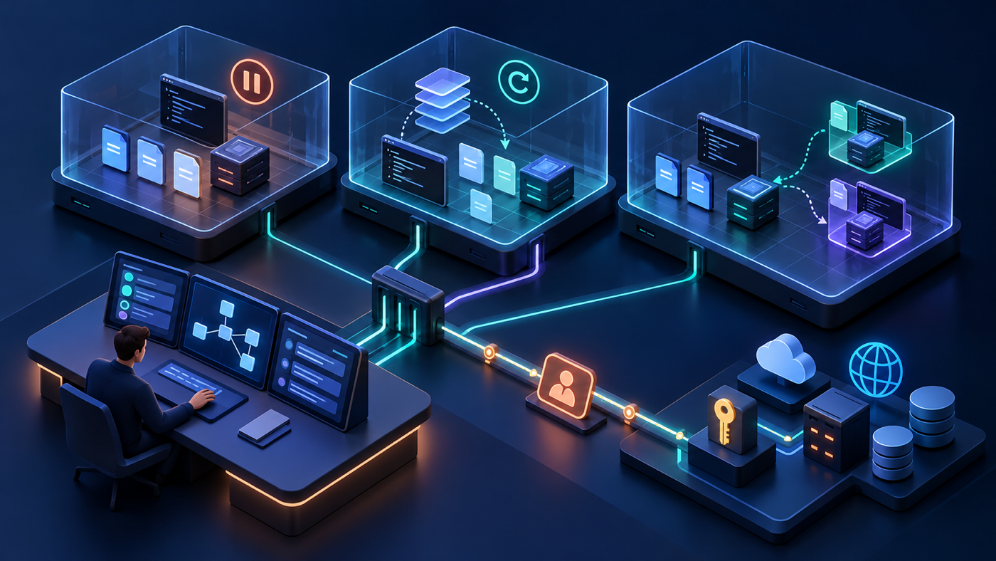 An external control plane coordinates separate virtual-machine workspaces with snapshot recovery, branching, and a gateway to credentials and network services.