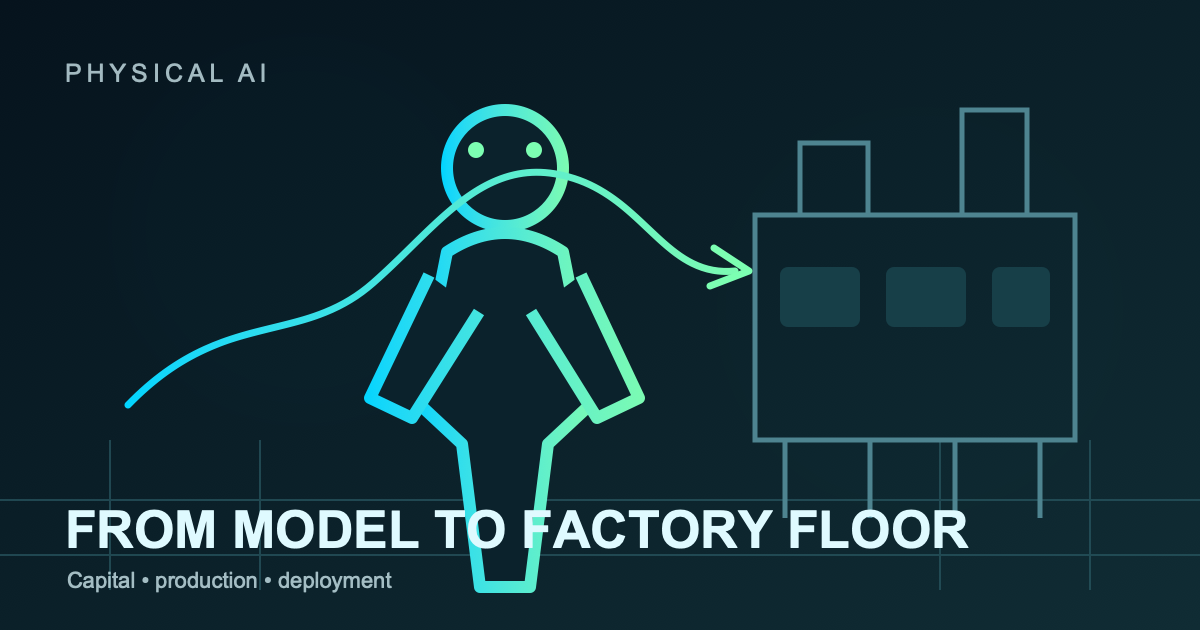 An editorial illustration of a humanoid robot moving from an AI network toward a factory production line.