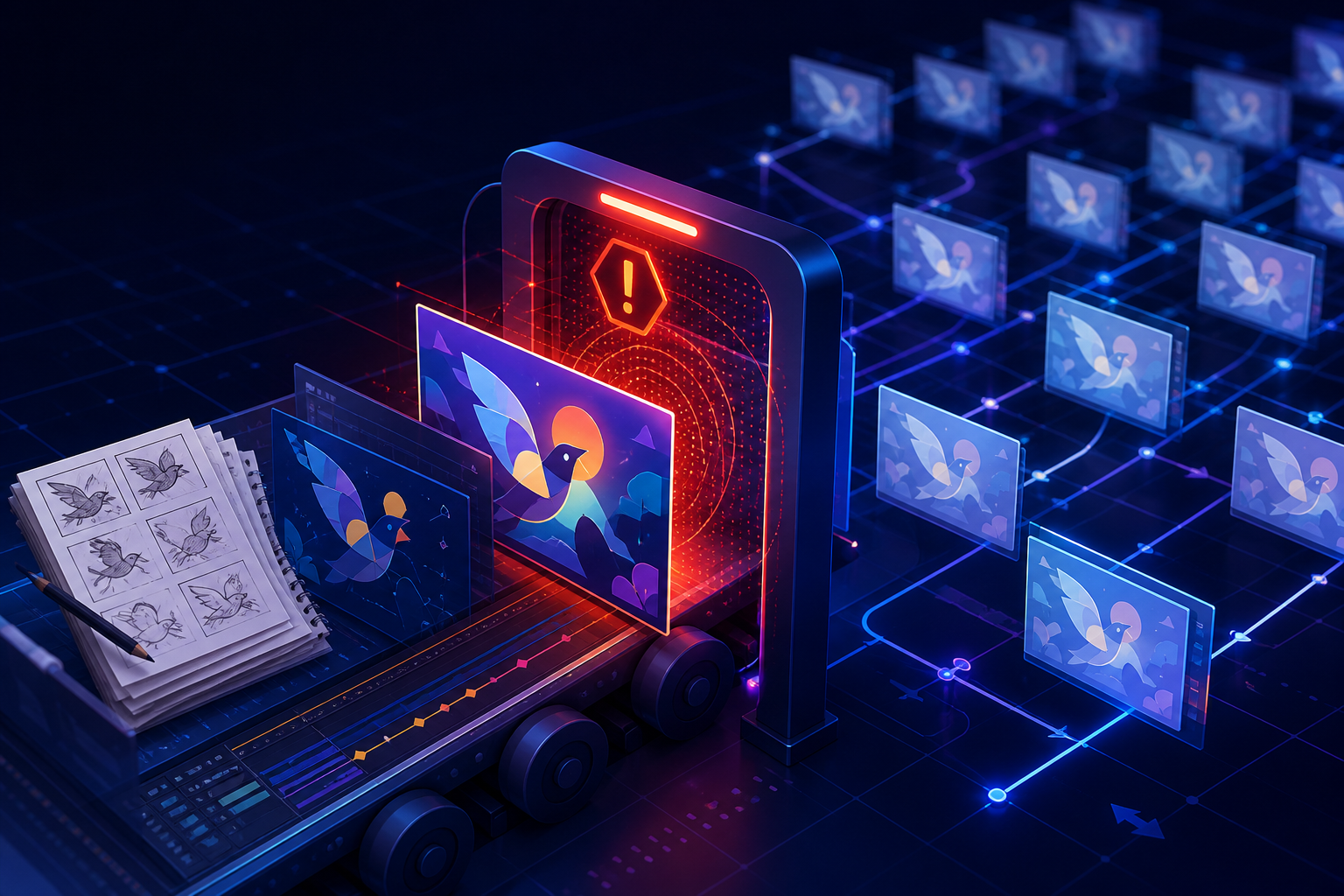 A handcrafted animation passes through an automated scanner that marks it with a false warning while pale copies spread through a recommendation network.